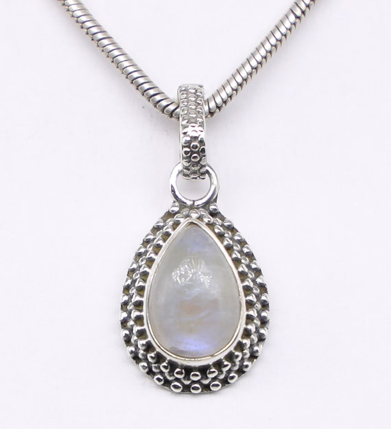 Rainbow Moonstone Teardrop Small Pendant Sterling Silver Beaded Rainbow Moonstone Teardrop Small Pendant Sterling Silver Beaded