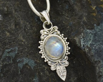 Natural White Rainbow Moonstone Pendant, 925 Sterling Silver Pendant, Moonstone Gemstone, Free Shipping, American Seller PG-7