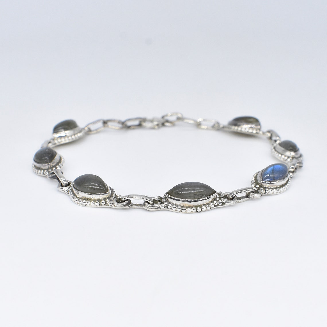 Bracelet Manchette Réglable En Argent 925 - Labradorite & Opale éthiopienne - Fait Main, Vintage
