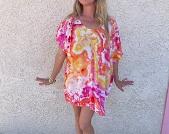 Pink Tunic, Pink Tie Dye, Mini Dress, Vacation Dress, Cover Up