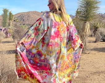 Tie Dye Mumu, Hand Dyed Kimono, Bathrobe, Pink Tie Dye Cover-Up, One Size