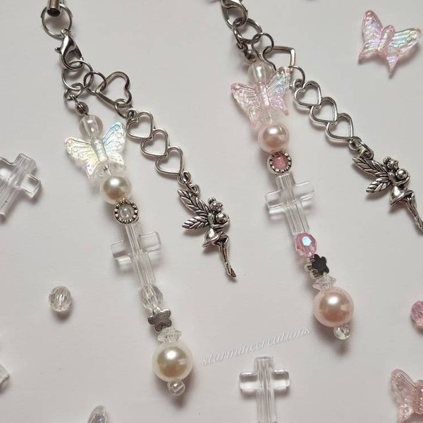 Pearly Fairies Phone Strap ~ Beaded Keychain Charm Cute Girly Kawaii Chain Butterfly Heart Pink Clear Cross Alt Gothic Coquette