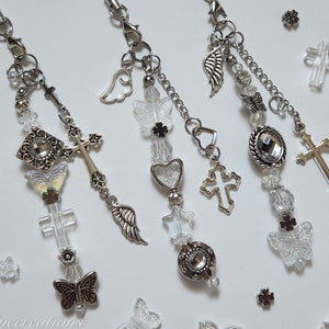 Cross my Heart Phone Straps ~ Beaded Keychain Charm Cute Girly Kawaii Chain Clear Silver Alt Gift Gothic Vkei Y2k Kpop