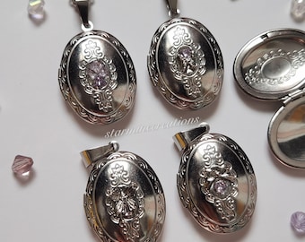 Tiny Gems Oval Locket Necklaces ~ Stainless Steel Pendant Silver Alt Dainty