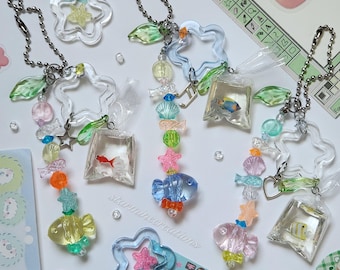 Jelly Aquarium Phone Straps ~ Frutiger Aero Beaded Keychain Bag Charm Ocean Fish Y2k