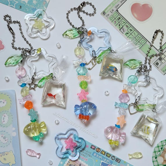 Jelly Aquarium Phone Straps ~ Frutiger Aero Beaded Keychain Bag Charm Ocean Fish Y2k Kpop