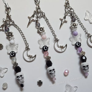 Starry Moon Phone Strap ~ Beaded Keychain Charm Cute Girly Kawaii Chain Clear Pink Black Purple Skull Alt Gift Gothic