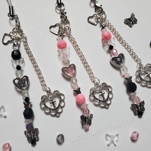 Cross Heart Phone Strap ~ Keychain Binder Charm Journal Cute Girly Kawaii Candy Chain Butterfly Pink Black Alt Gift