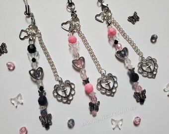 Cross Heart Phone Strap ~ Beaded Keychain Pink Black Alt Y2k Gothic