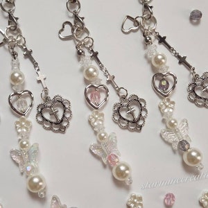 Pearly Crosses Phone Strap ~ Keychain Charm Journal Cute Girly Kawaii Chain Butterfly Heart Pink Clear Black Floral Alt Gothic Coquette