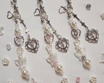 Pearly Crosses Phone Strap ~ Beaded Keychain Floral Alt Gothic Coquette Y2k