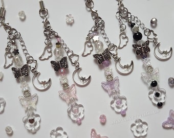 Flower Moon Phone Strap ~ Beaded Keychain Butterfly Clear Pink Black Purple Alt Y2k