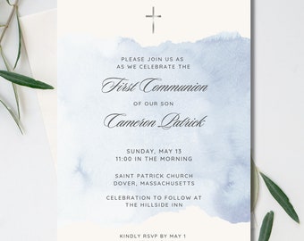 Blue Watercolor Invitation- Printable, Customized Digital File | First Communion | Baptism