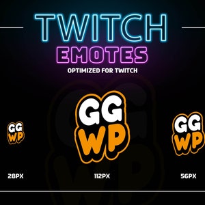 Op de afbeelding: Drie verschillende maten van een Twitch-emote met de tekst "GG WP" in witte letters op een zwarte achtergrond met een oranje omtrek. De emote is geoptimaliseerd voor Twitch.