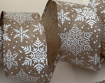 2.5” Beige & White Snowflake Wired Ribbon - Sold By The Yard