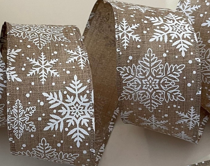 2.5” Beige & White Snowflake Wired Ribbon - Sold By The Yard
