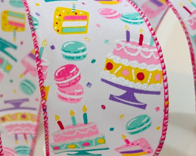 Featured listing image: 2.5” Colorful Birthday Cake Wired Ribbon: Pink, Purple, Green, Yellow, White