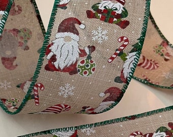 2.5” Christmas Gnomes Wired Ribbon With Snowflakes & Candy Canes: Red, Green, White, Beige - Sold By The Yard
