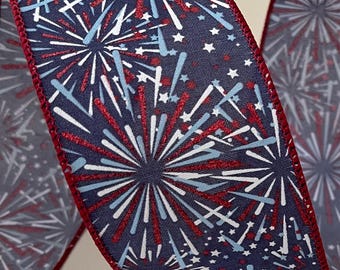 2.5” Red, White, & Blue Glittery Firework Wired Ribbon