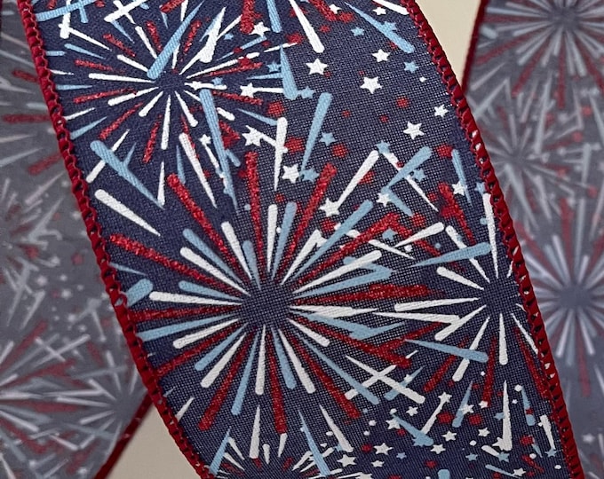 2.5” Red, White, & Blue Glittery Firework Wired Ribbon