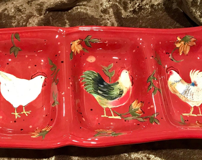 Vintage Red Rooster Divided Dish