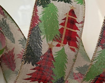 2.5” Red & Green Christmas Tree Wired Ribbon #422 - Sold By The Yard