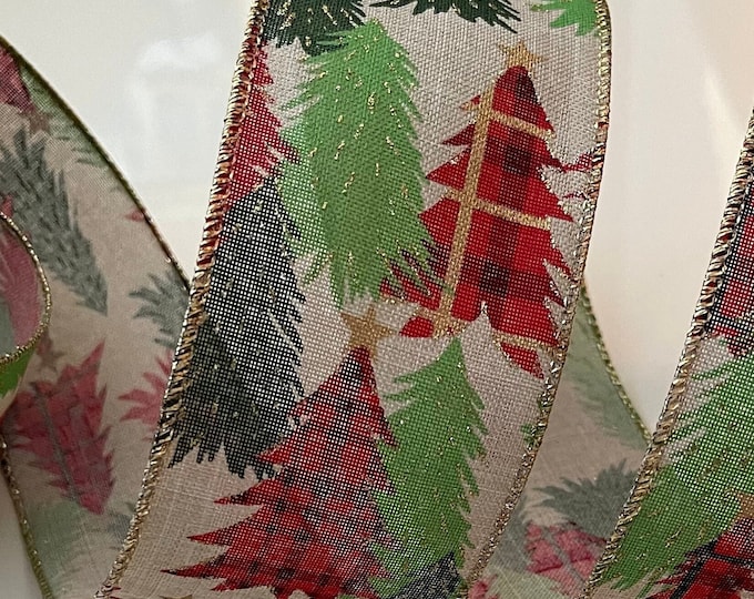 2.5” Red & Green Christmas Tree Wired Ribbon #422 - Sold By The Yard