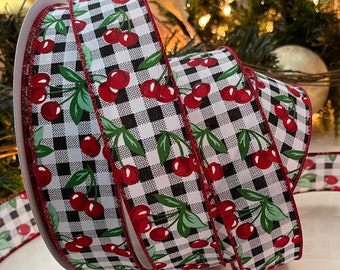 1.5” Black & White Gingham Cherry Wired Ribbon #212 - Sold By The Yard