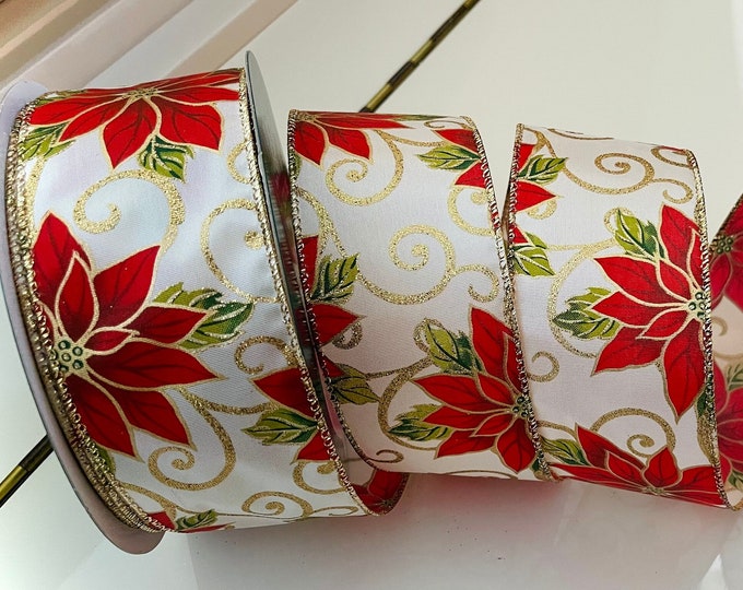 2.5” Poinsettia With Gold Sparkle Wired Ribbon - Sold By The Yard