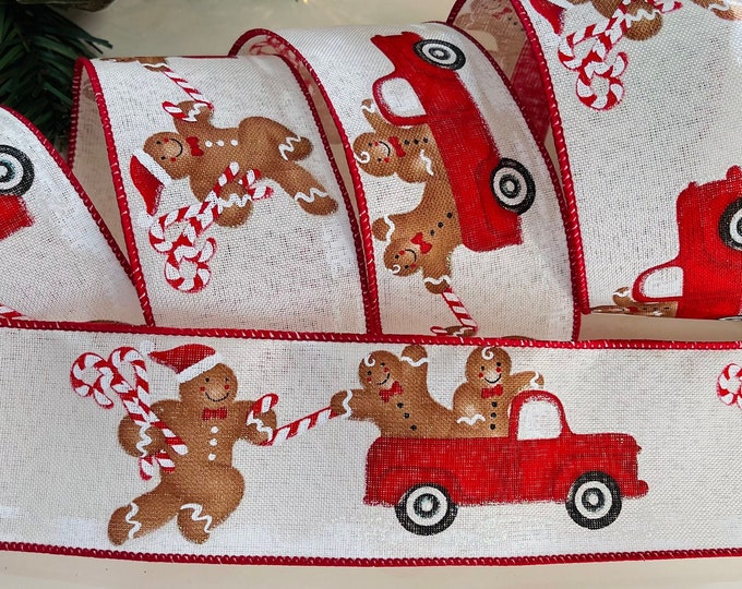 2.5" Gingerbread Men Riding In Trucks Wired Ribbon #35 - 10 Yard Roll