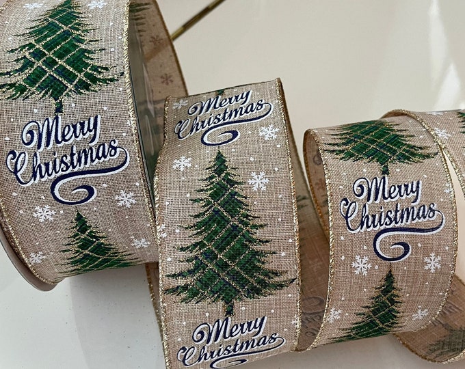 2.5” Wired Burlap Merry Christmas Trees Sparkle Ribbon - Perfect for Gift Wrapping, Wreaths, Decor & Much More! #397 - Sold By The Yard