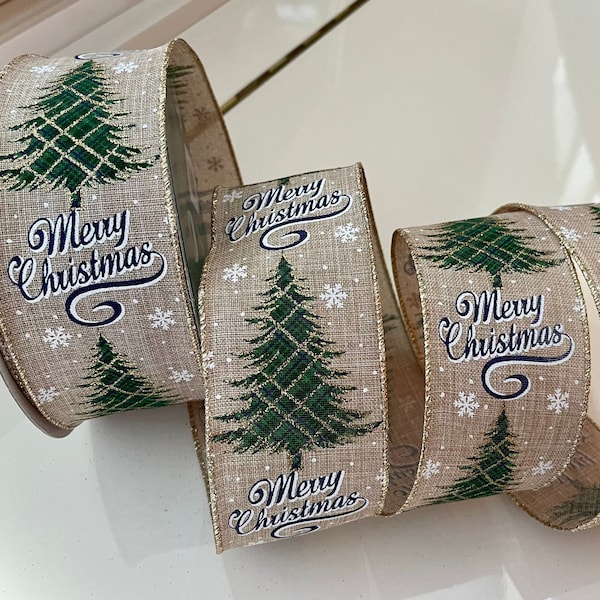 2.5” Wired Burlap Merry Christmas Trees Sparkle Ribbon - Perfect for Gift Wrapping, Wreaths, Decor & Much More! #397