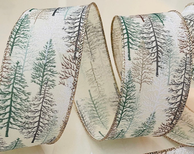 2.5” Forest Trees Wired Ribbon: Green, Brown, White, Gray, Gold #924 - Sold By The Yard