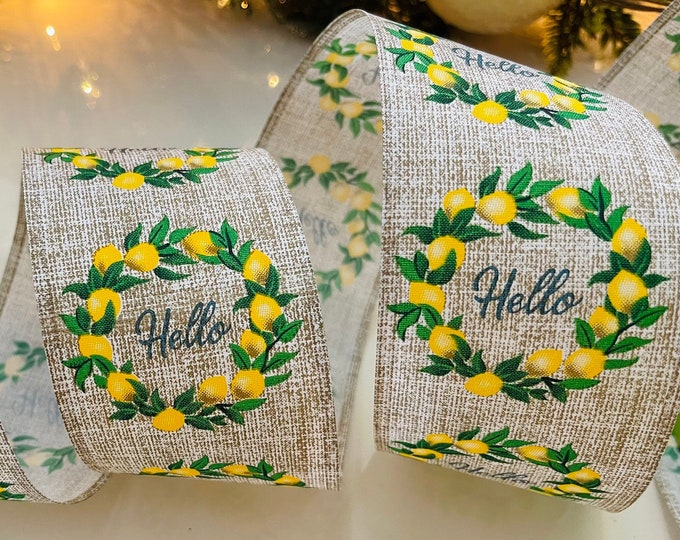 2.5” Green & Yellow Wired Ribbon Lemon Spring Wreaths #1021 - Sold By The Yard