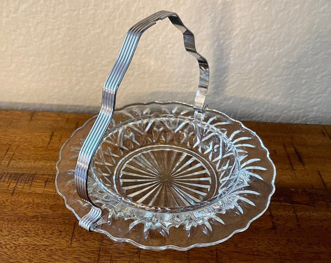 Vintage Round Glass Dish With Metal Handle