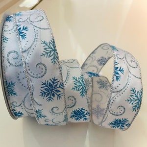 1.5” Blue Glitter Frosted Snowflake Wired Ribbon #362