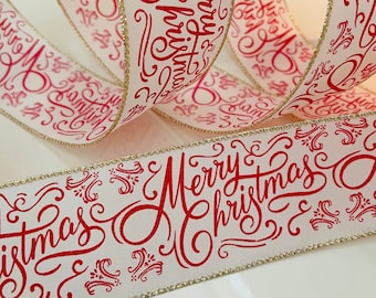 2.5” Red & White Merry Christmas Wired Ribbon #943 - Sold By The Yard
