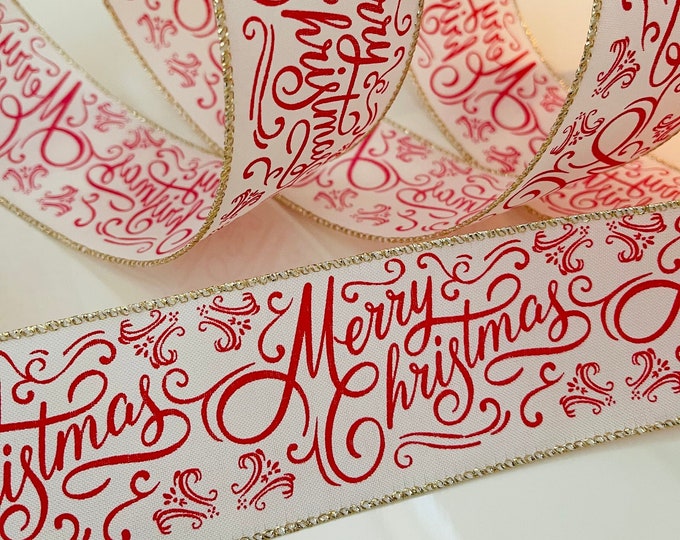 2.5” Red & White Merry Christmas Wired Ribbon #943 - Sold By The Yard