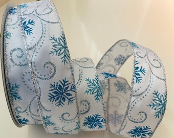 1.5” Blue Glitter Frosted Snowflake Wired Ribbon #362 - Sold By The Yard