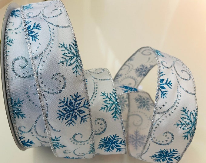 1.5” Blue Glitter Frosted Snowflake Wired Ribbon #362 - Sold By The Yard