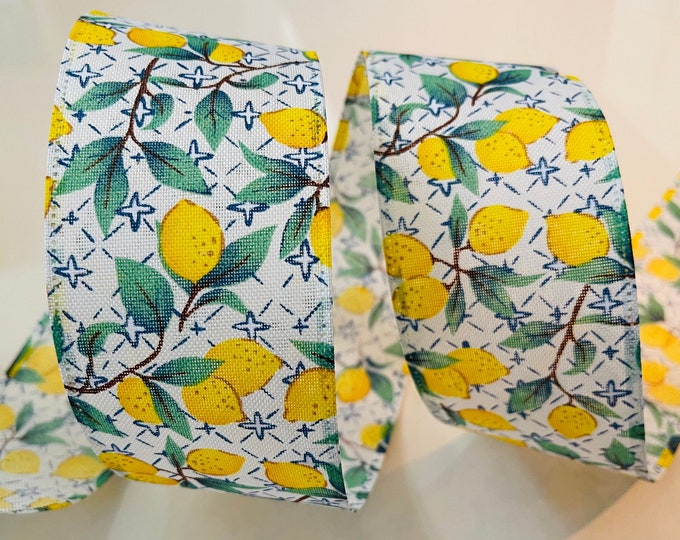 2.5” Lovely Lemon Wired Ribbon: Yellow, Blue, White, Green - Sold By The Yard