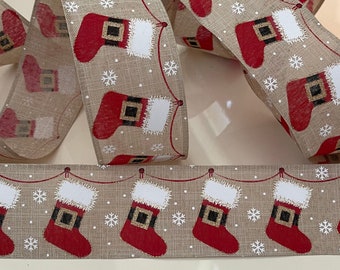 2.5” Santa’s Belt Christmas Stockings Wired Ribbon: Beige, Red, White #783 - Sold By The Yard