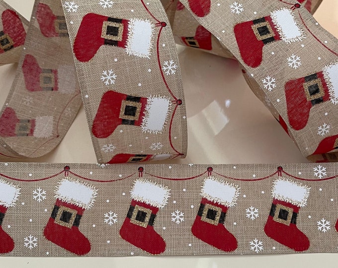 2.5” Santa’s Belt Christmas Stockings Wired Ribbon: Beige, Red, White #783 - Sold By The Yard