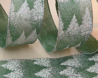 2.5” Green & White Snowy Forest Trees Wired Ribbon #146
