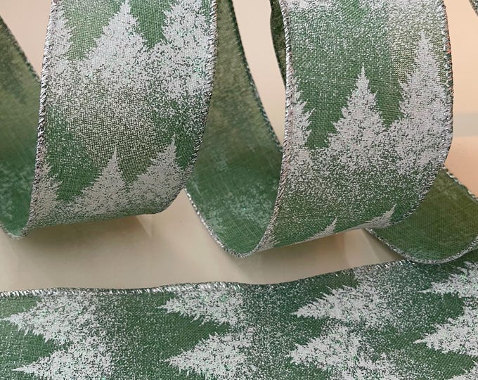 2.5” Green & White Snowy Forest Trees Wired Ribbon #146