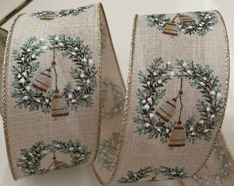 2.5” Christmas Wreaths With Bells Wired Ribbon #451 - Sold By The Yard