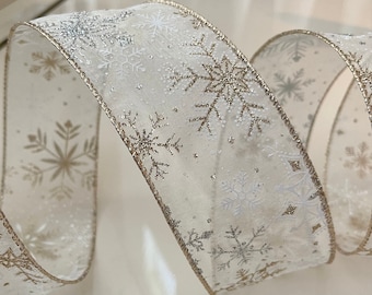 2.5” Silver & Gold Glittery Snowflakes Sheer Wired Ribbon - Sold By The Yard
