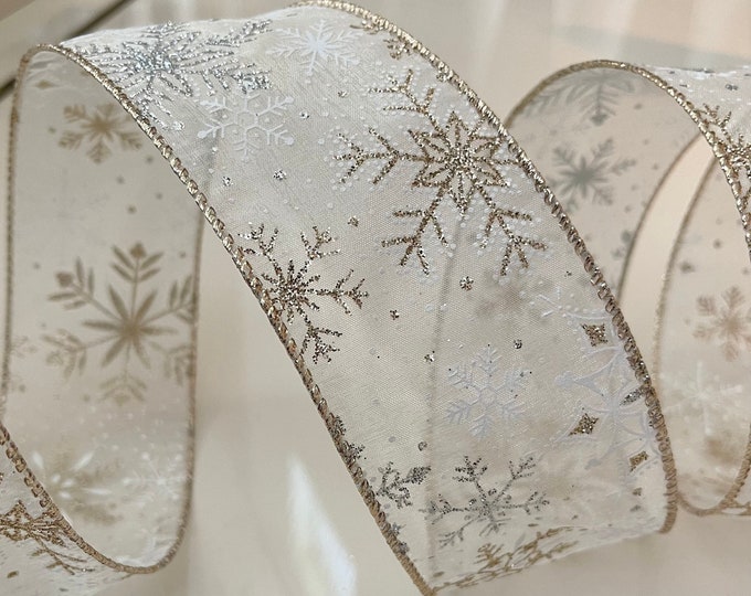 2.5” Silver & Gold Glittery Snowflakes Sheer Wired Ribbon - Sold By The Yard