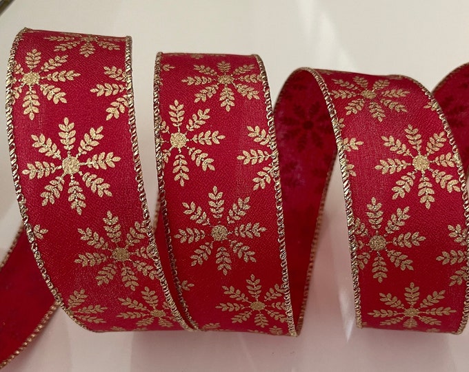 1.5” Red & Gold Snowflake Wired Ribbon - Sold By The Yard