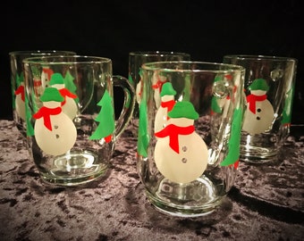 Set of 5 Snowmen & Trees Vintage Glass Cups
